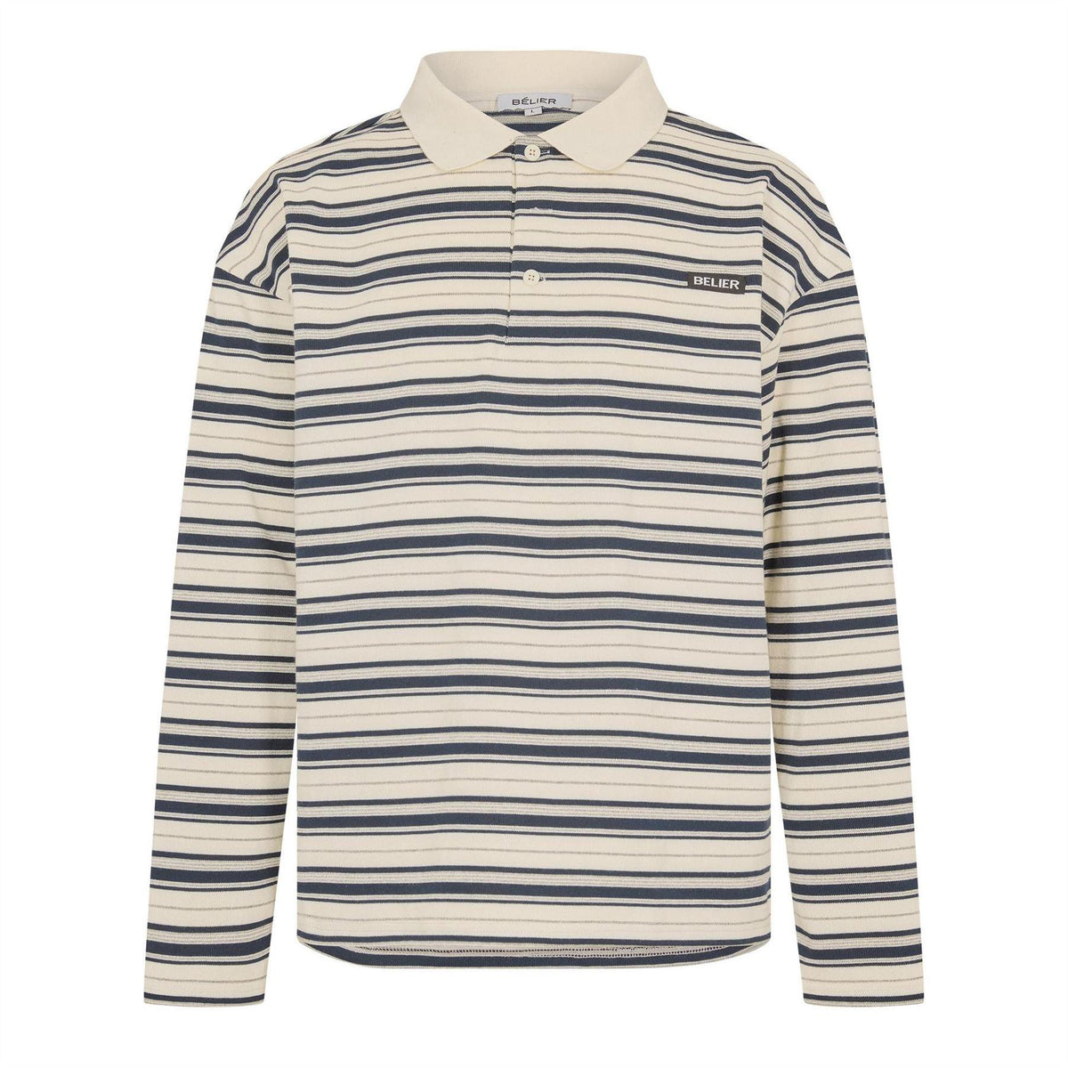 Ecru-Navy - Front - Belier Mens Stripe Long-Sleeved Polo Shirt
