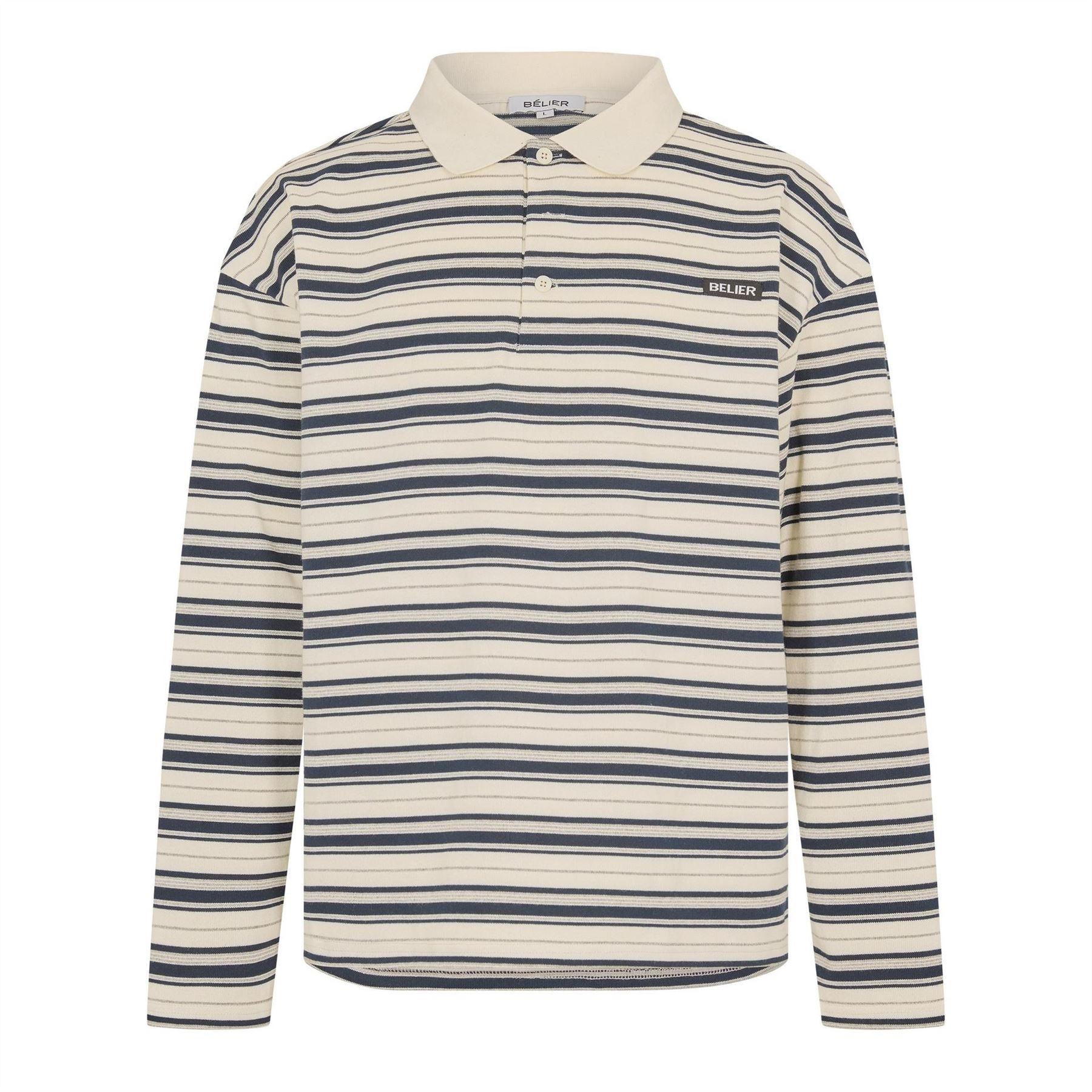 Ecru-Navy - Front - Belier Mens Stripe Long-Sleeved Polo Shirt
