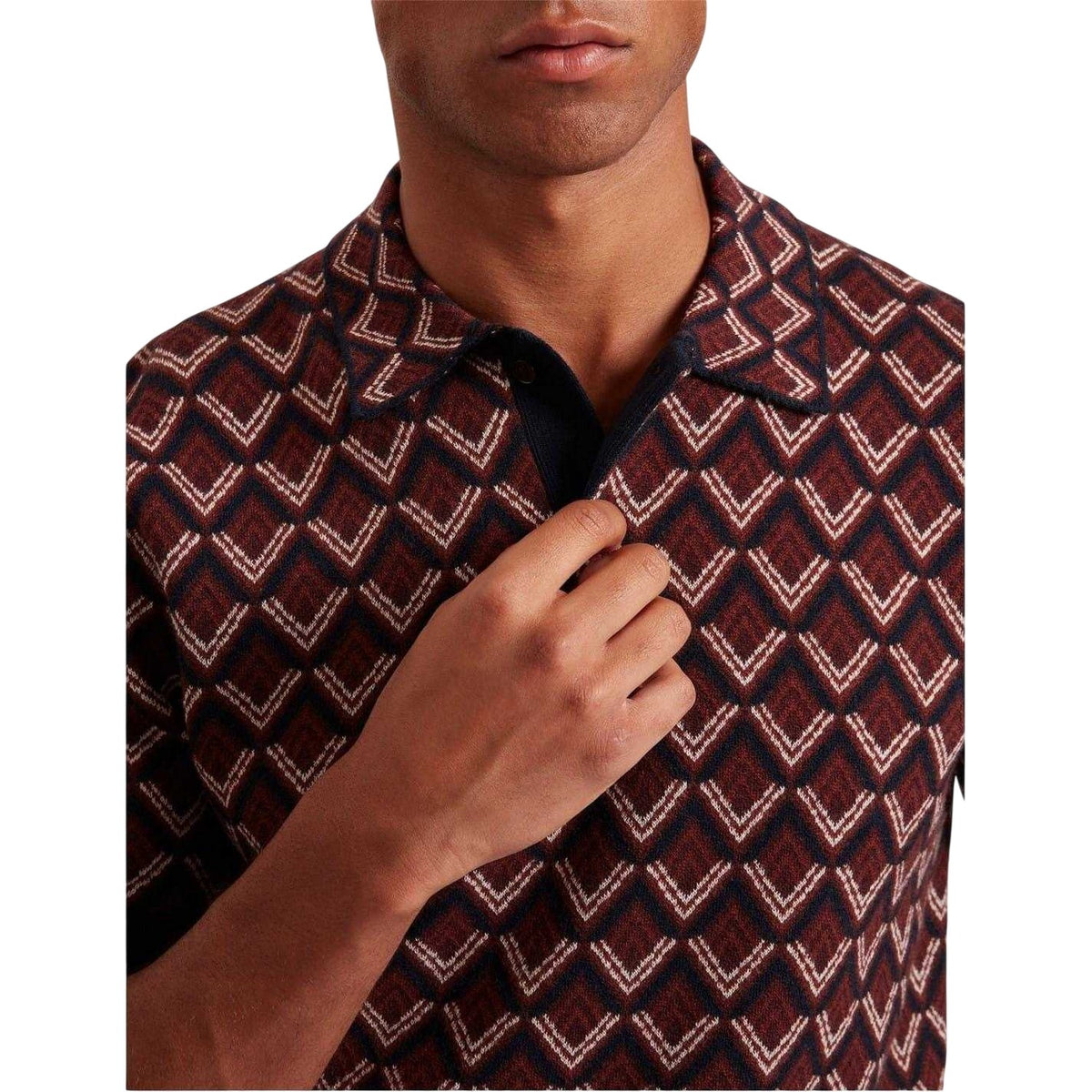Maroon - Side - Ted Baker Mens Geometric Jacquard Short-Sleeved Polo Shirt