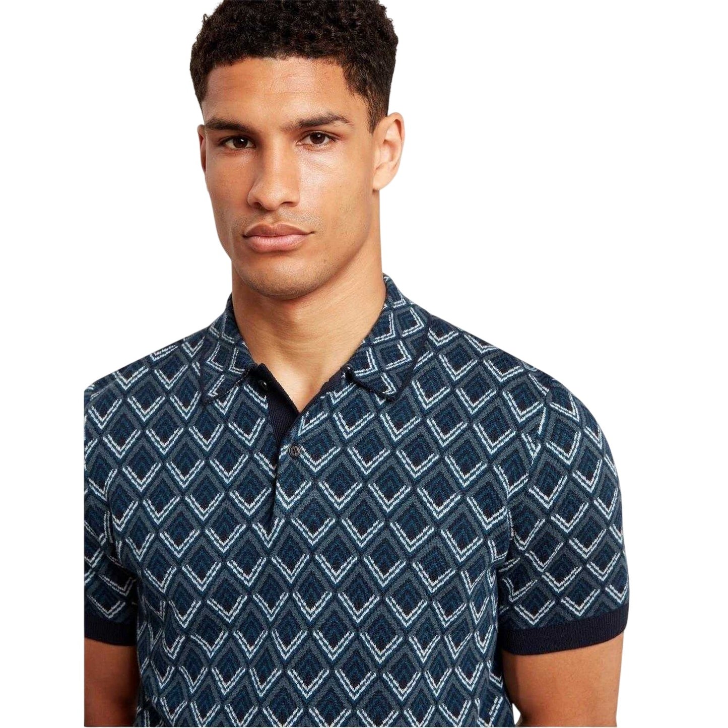 Navy - Side - Ted Baker Mens Geometric Jacquard Short-Sleeved Polo Shirt