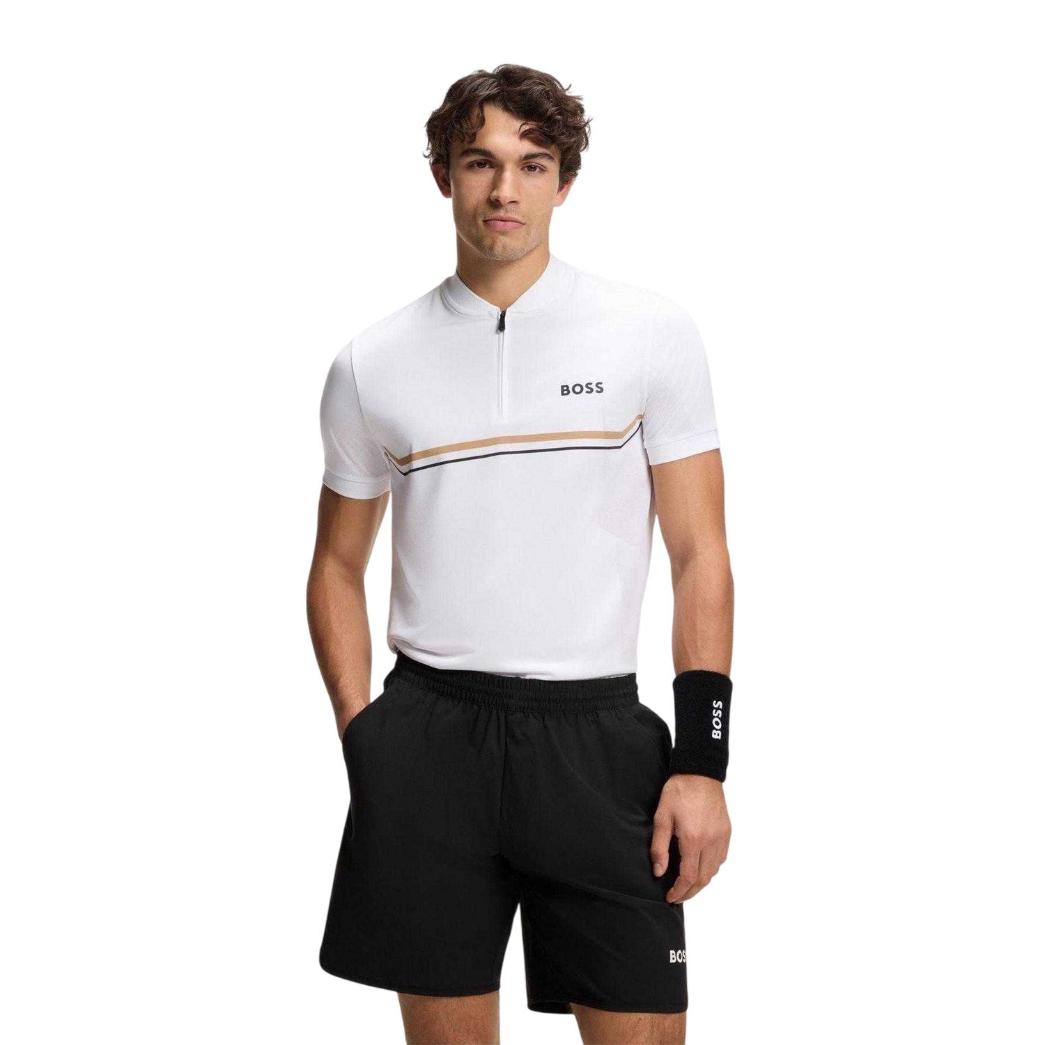 White - Lifestyle - Boss Mens Pl Toc Spin Logo Quarter Zip Polo Shirt