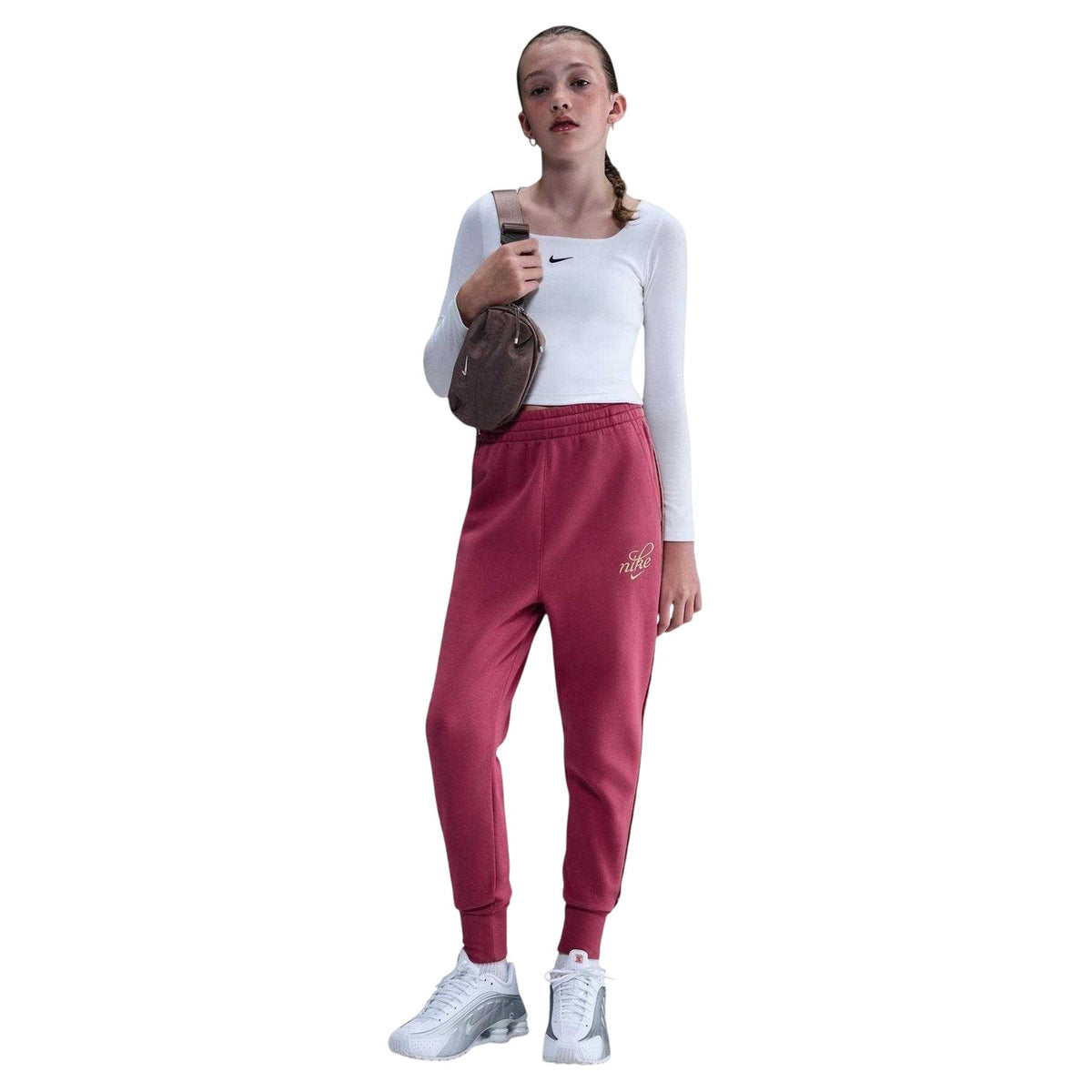 Beet - Front - Nike Girls Club Fleece Side Stripe Jogging Bottoms