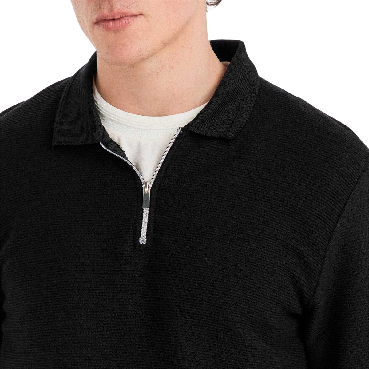 Black - Side - Prevu Mens Ottoman Quarter Zip Long-Sleeved Polo Shirt