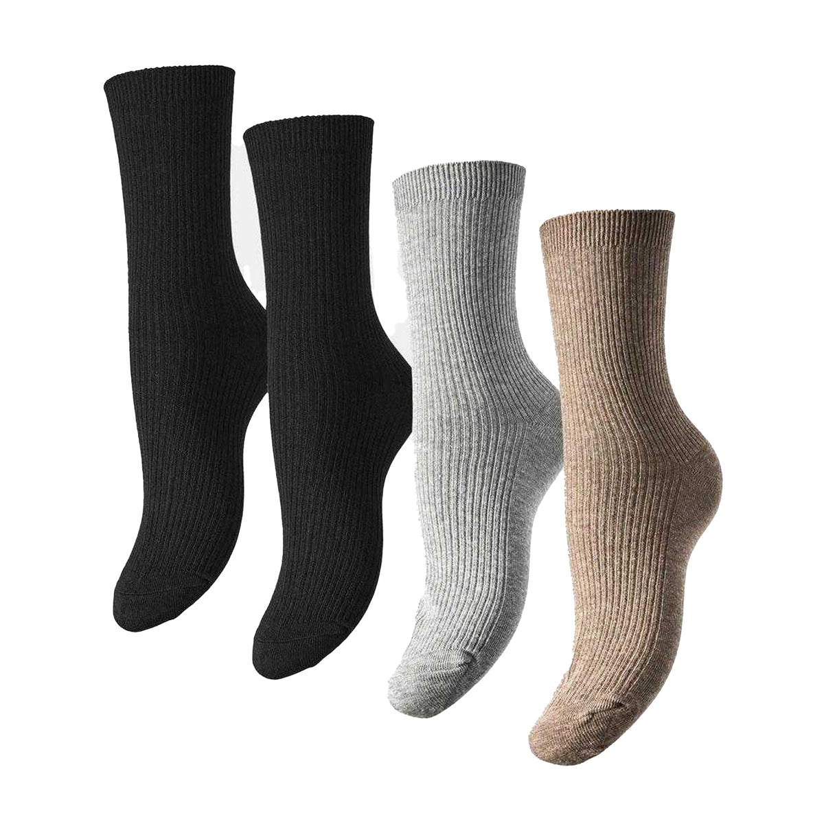 Black-Taupe-Light Grey Marl - Front - Pieces Womens-Ladies Marta Ribbed Crew Socks (Pack of 4)