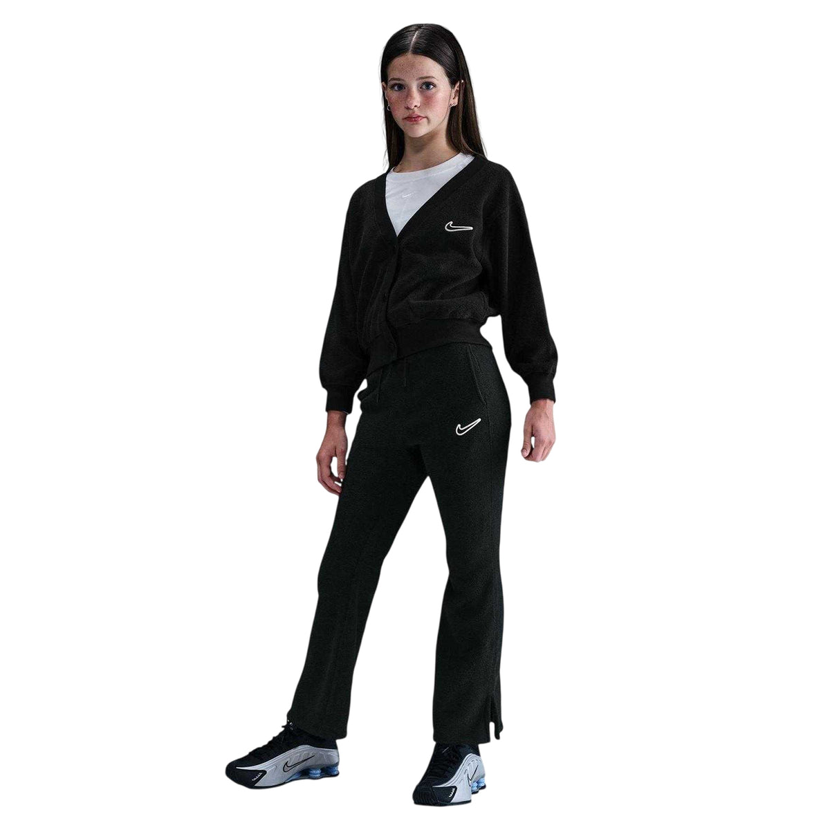 Black-White - Front - Nike Girls Fleece Flared Sweatpants