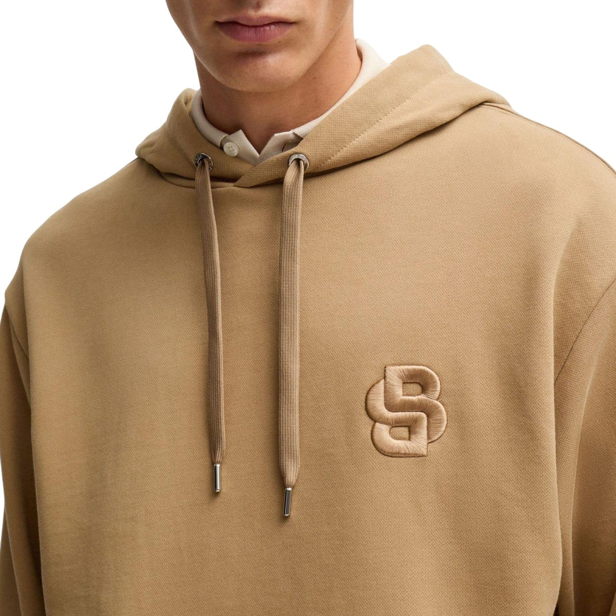 Beige - Side - Boss Mens Double B Monogram Oversized Hoodie