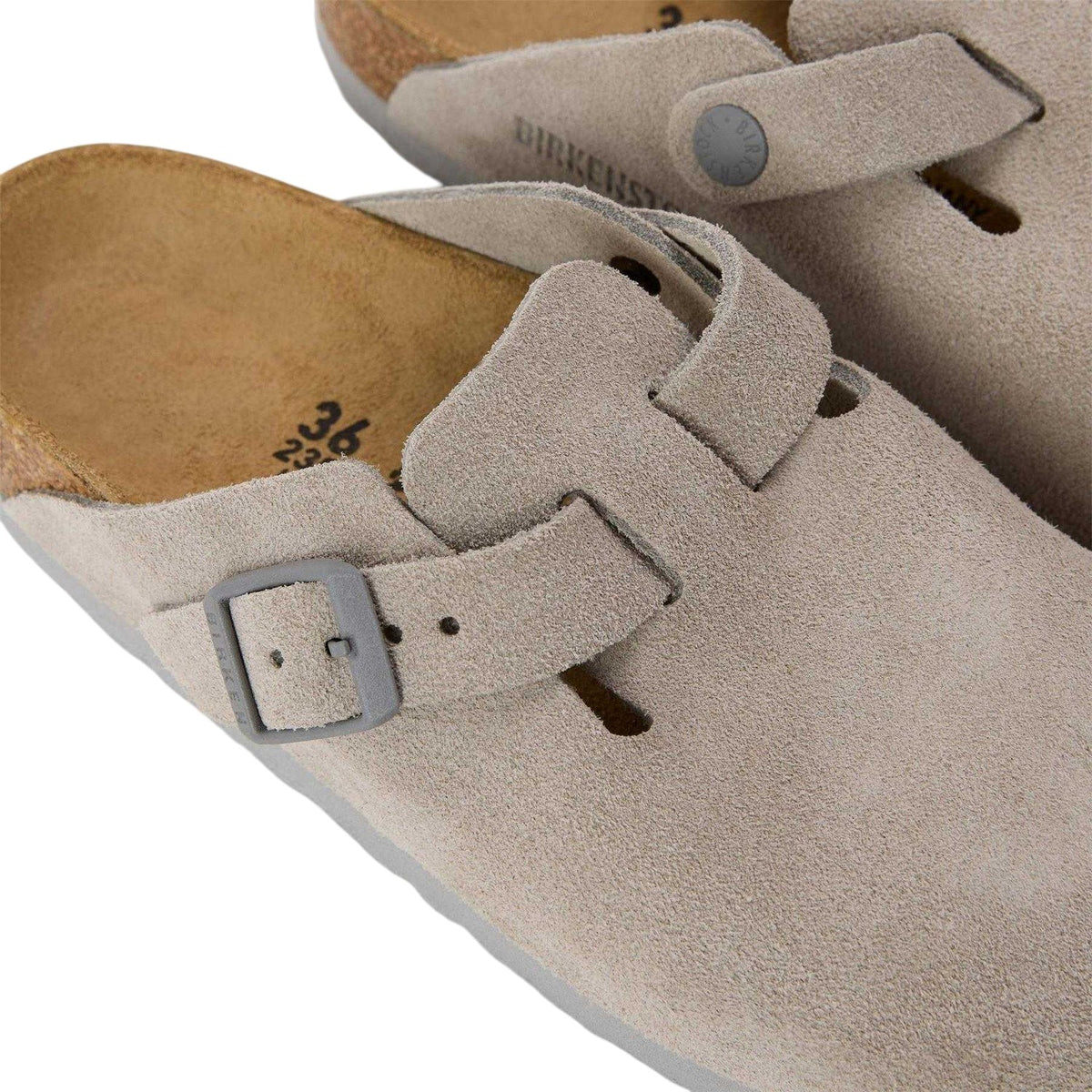 Stone - Pack Shot - Birkenstock Womens-Ladies Boston Suede Clogs