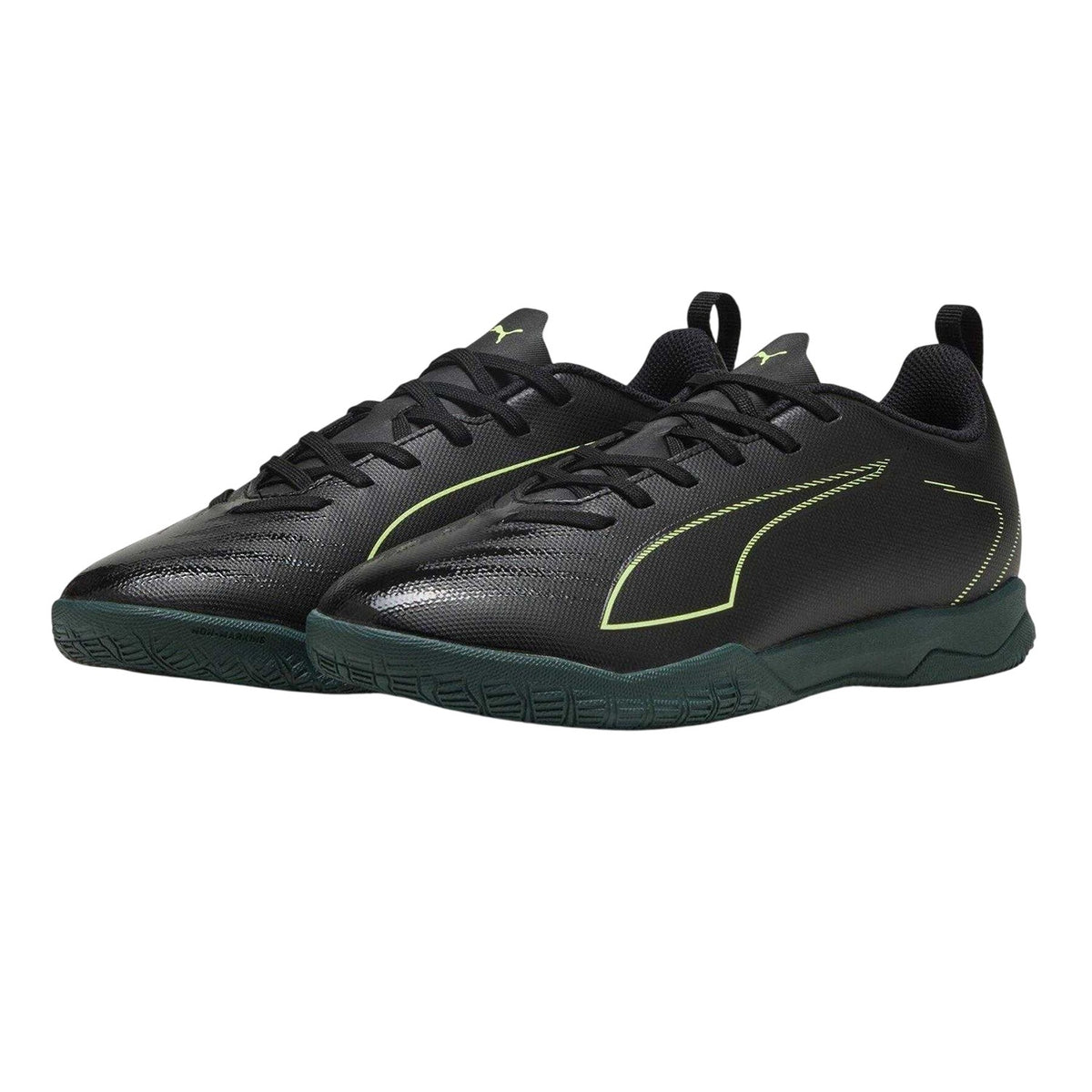 Black-Green - Pack Shot - Puma Childrens-Kids Ultra 6 Play Indoor Football Shoes
