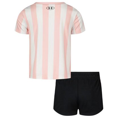 Pink-Black - Back - Under Armour Childrens-Kids Striped T-Shirt & Shorts Set