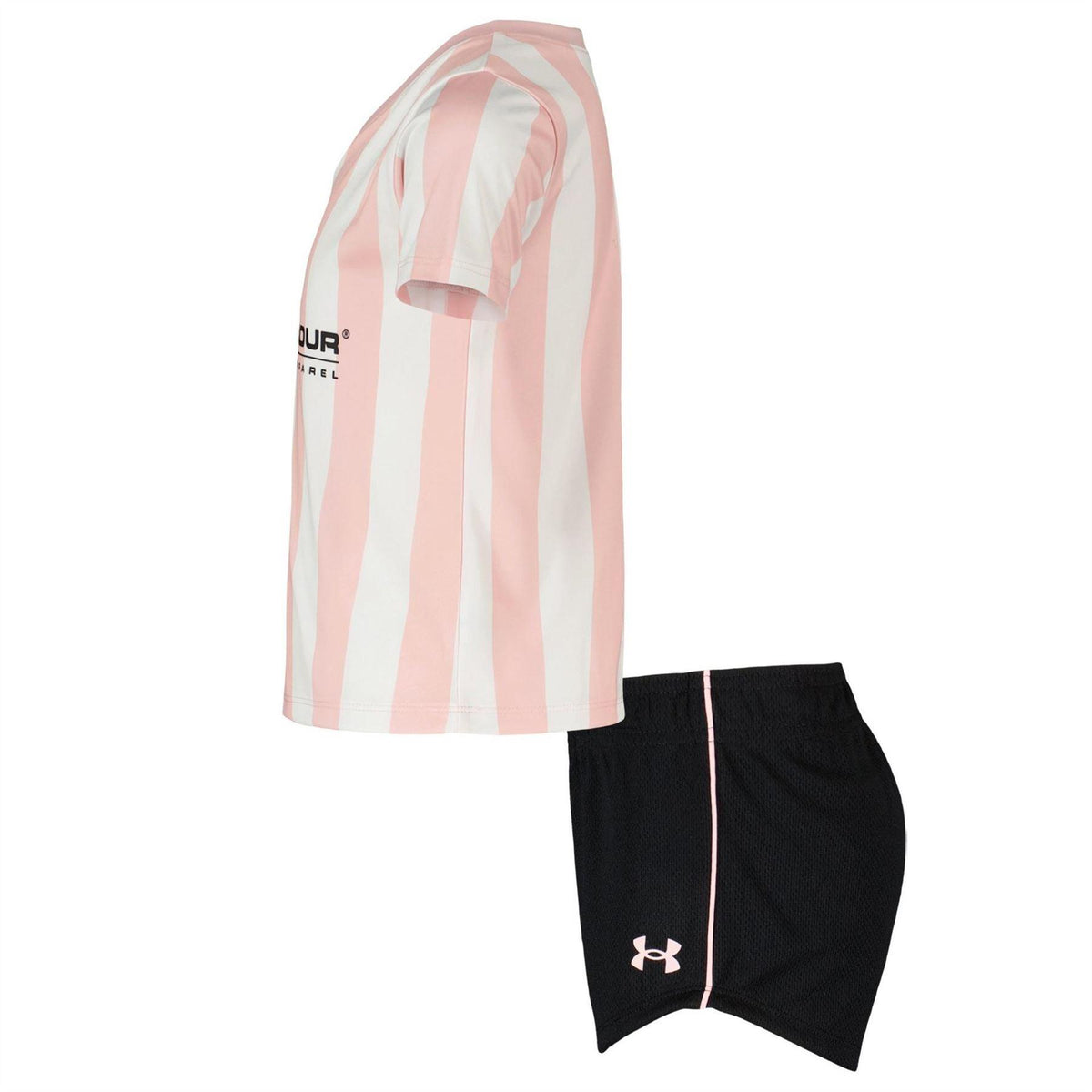 Pink-Black - Side - Under Armour Childrens-Kids Striped T-Shirt & Shorts Set