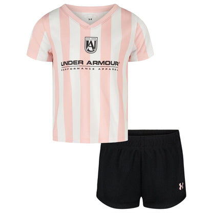 Pink-Black - Front - Under Armour Childrens-Kids Striped T-Shirt & Shorts Set