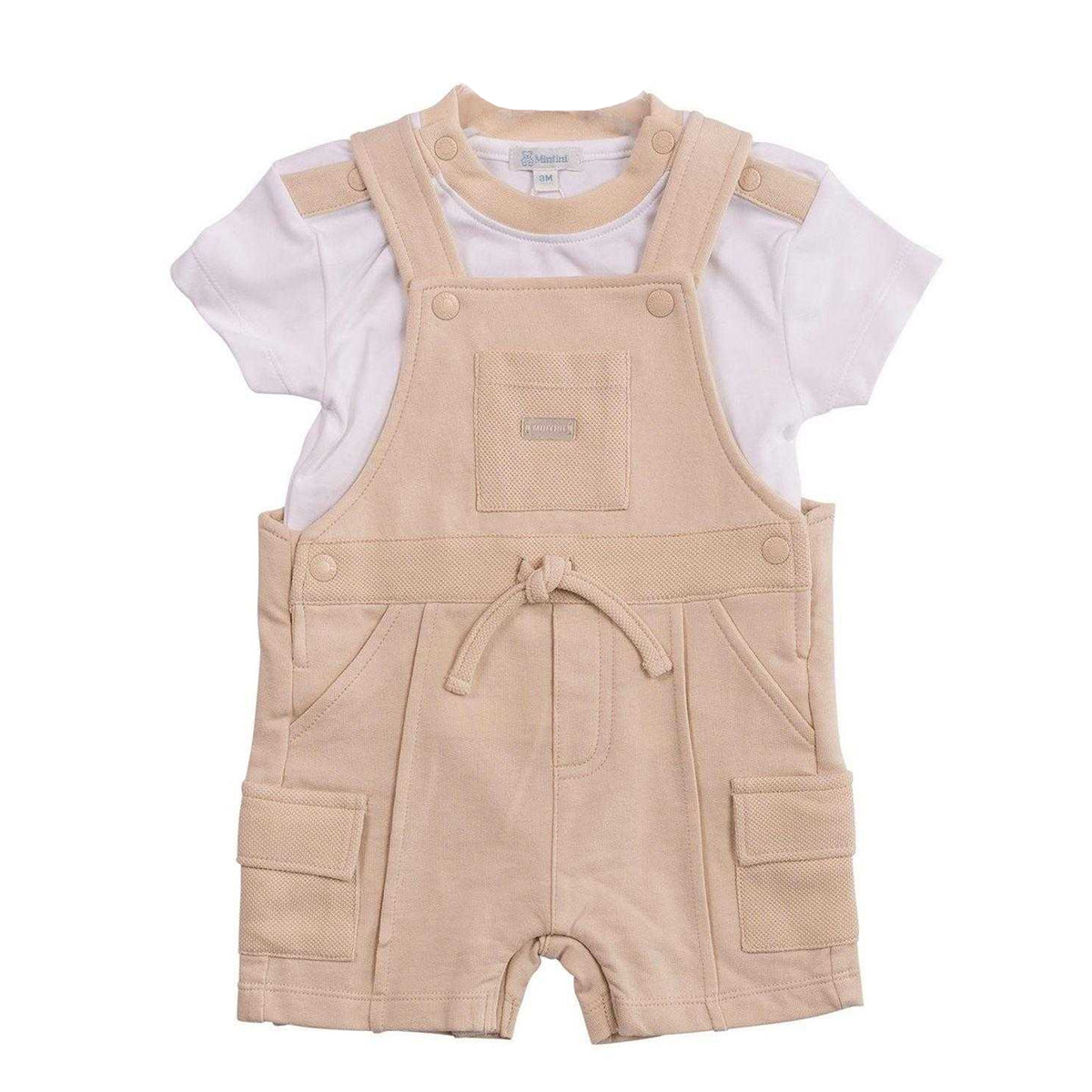 White-Beige - Front - Minoti Baby Tie Detail Dungarees Set