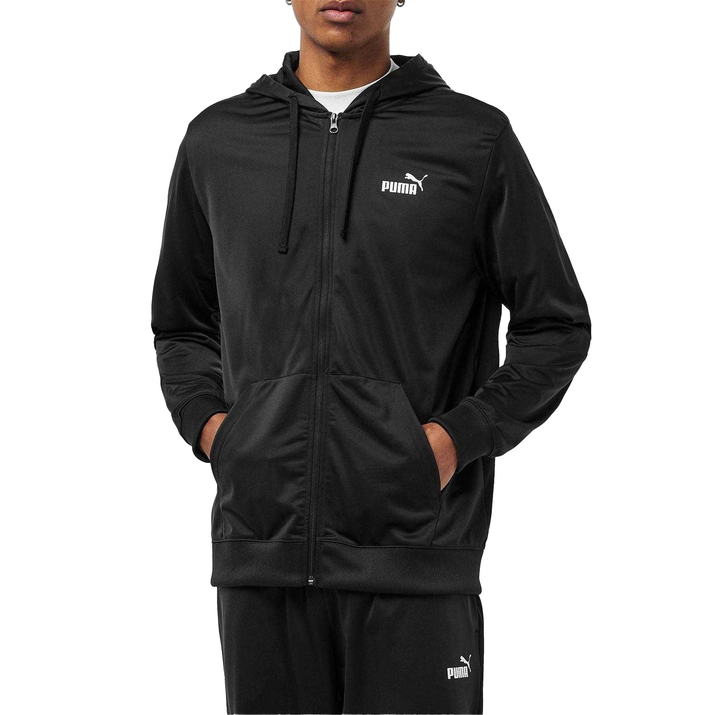 Black - Close up - Puma Mens Hooded Long-Sleeved Tracksuit Set
