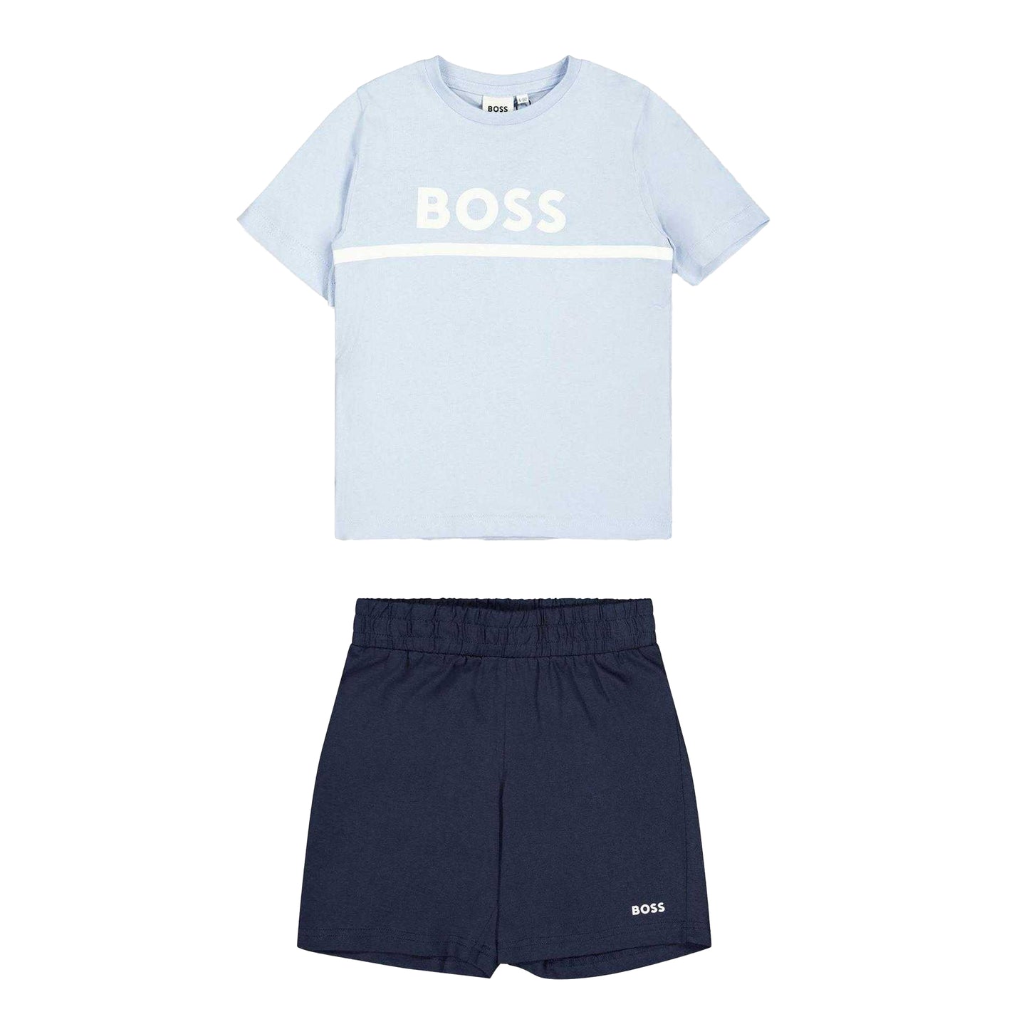 Light Blue-Navy - Front - Boss Childrens-Kids Striped Logo T-Shirt & Shorts Set