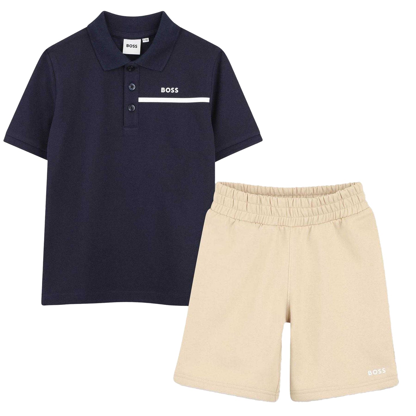 Navy-Beige - Front - Boss Childrens-Kids Striped Logo Polo and Shorts Set