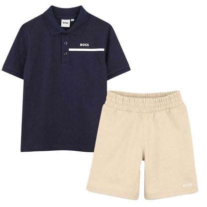 Navy-Beige - Front - Boss Childrens-Kids Striped Logo Polo and Shorts Set