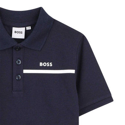 Navy-Beige - Side - Boss Childrens-Kids Striped Logo Polo and Shorts Set