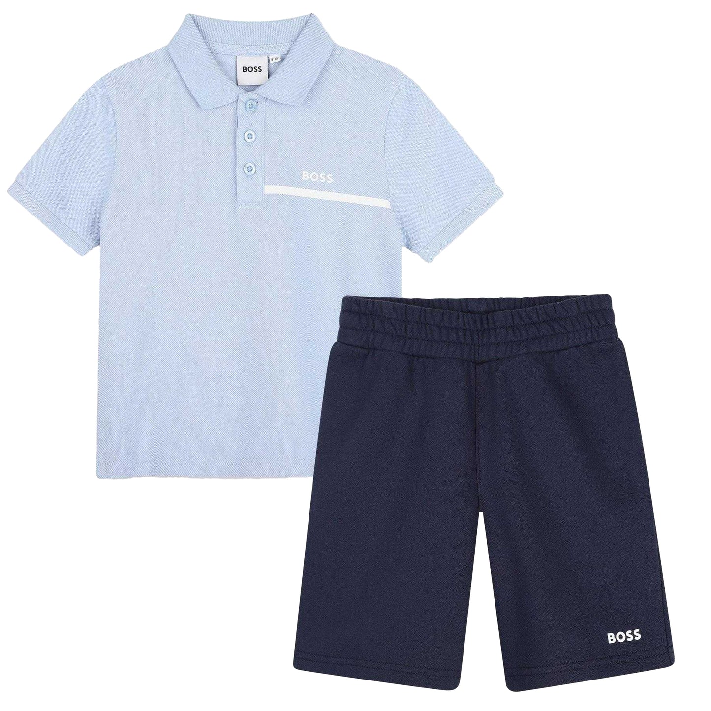 Light Blue-Navy - Front - Boss Childrens-Kids Striped Logo Polo and Shorts Set