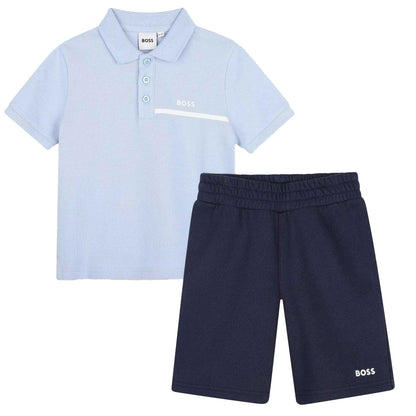 Light Blue-Navy - Front - Boss Childrens-Kids Striped Logo Polo and Shorts Set
