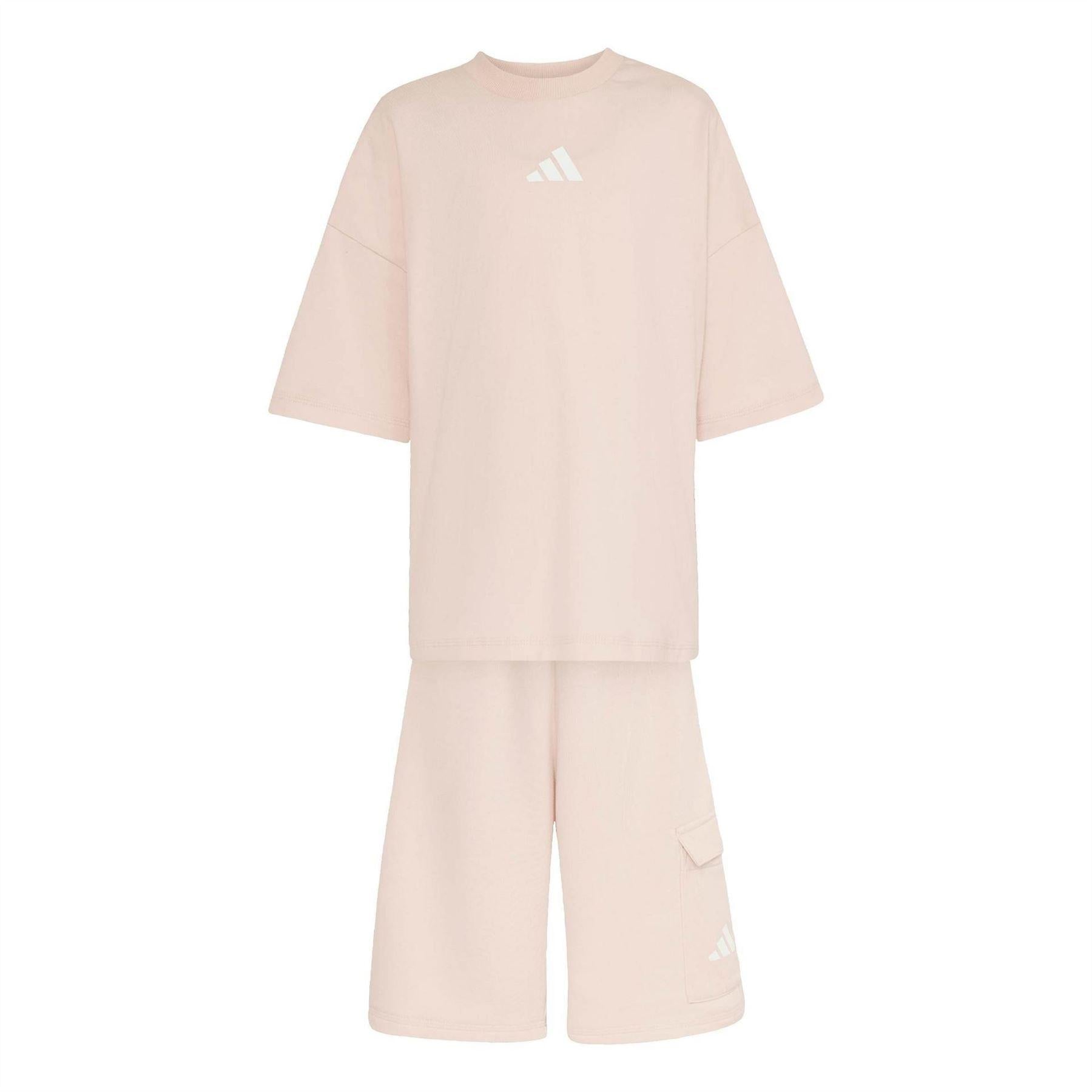 Blush Pink-White - Front - Adidas Childrens-Kids Tiro_Nster T-Shirt & Shorts Set