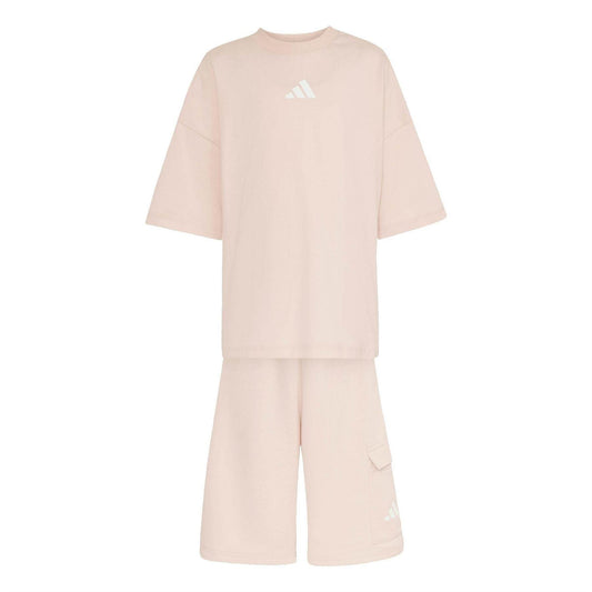 Blush Pink-White - Front - Adidas Childrens-Kids Tiro_Nster T-Shirt & Shorts Set