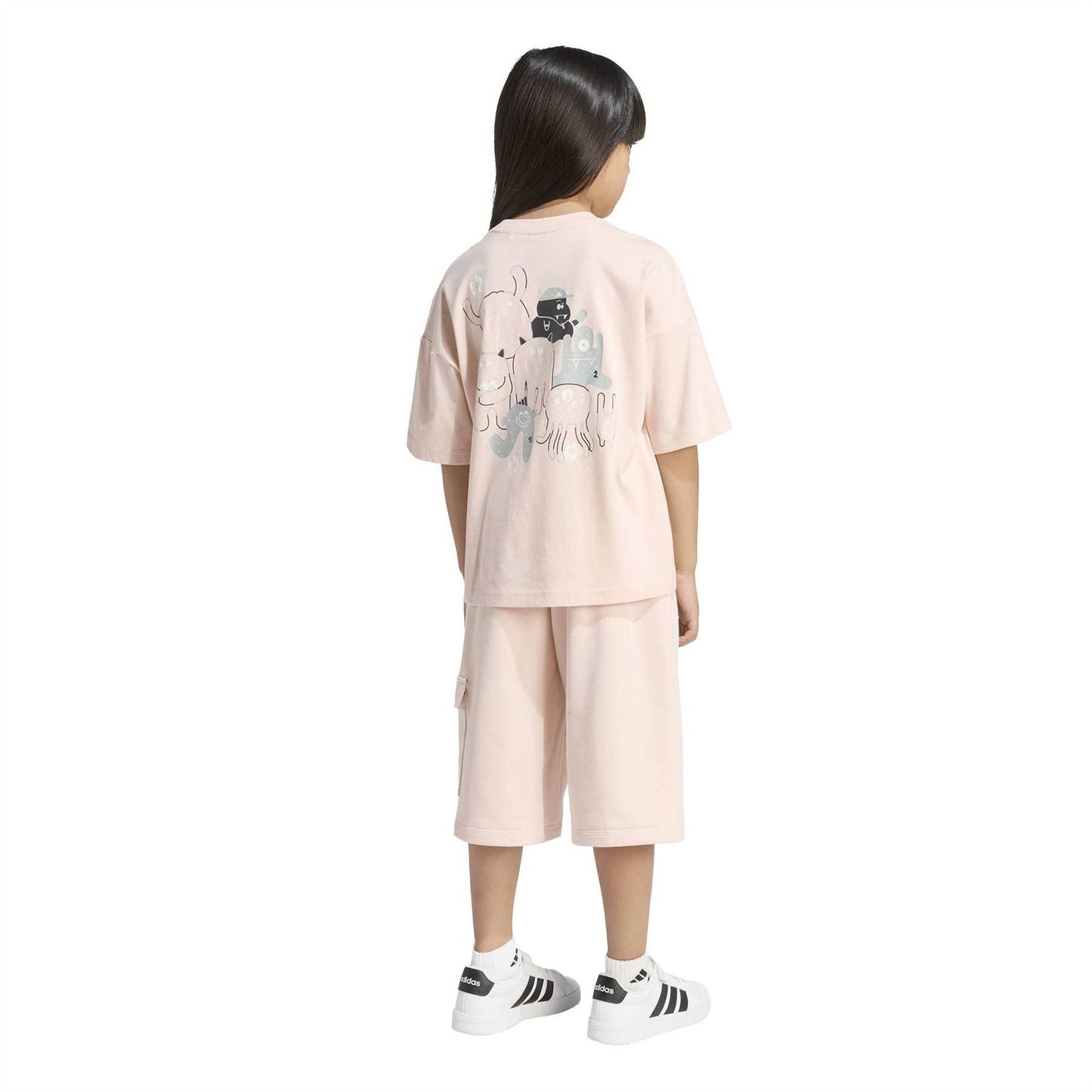 Blush Pink-White - Back - Adidas Childrens-Kids Tiro_Nster T-Shirt & Shorts Set