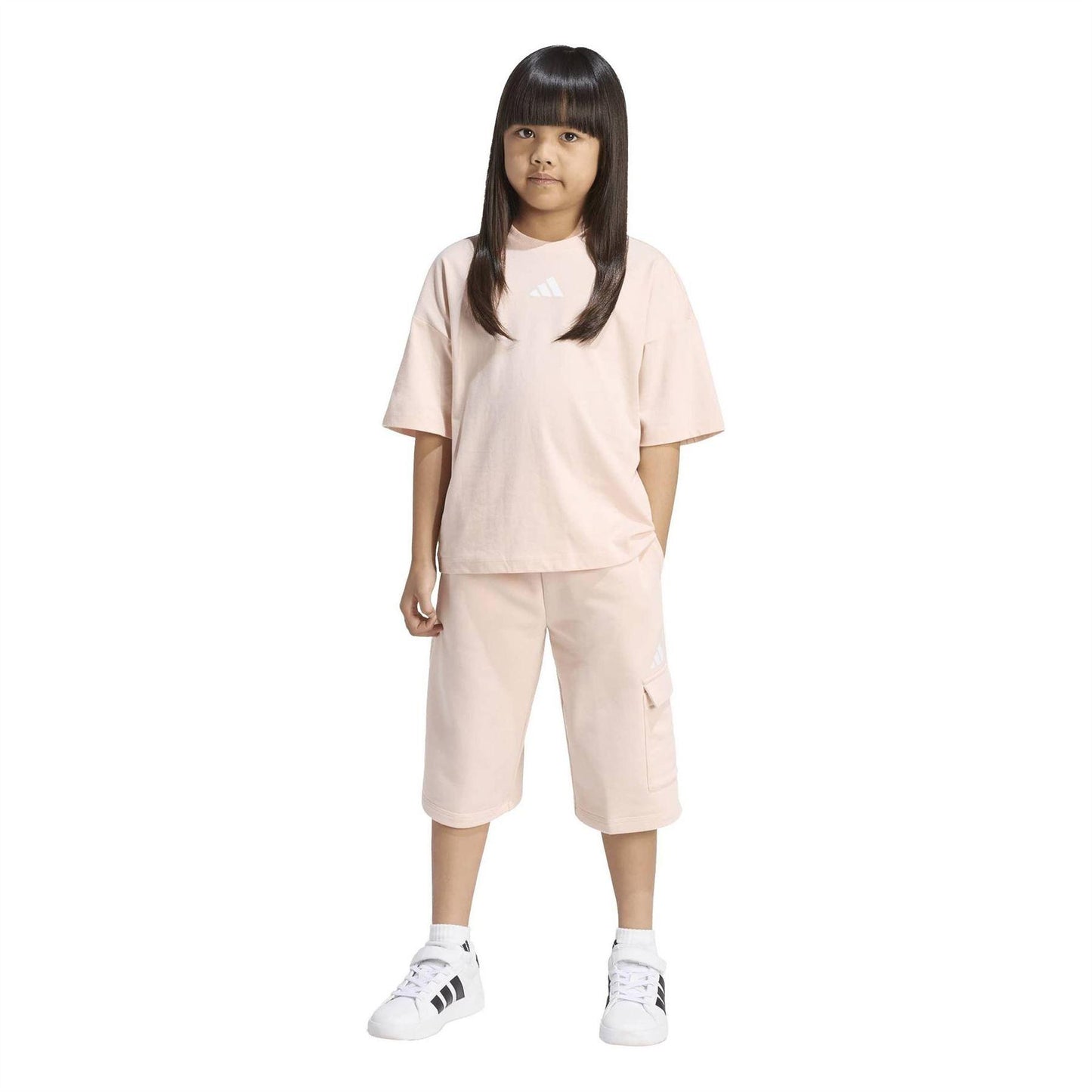 Blush Pink-White - Side - Adidas Childrens-Kids Tiro_Nster T-Shirt & Shorts Set