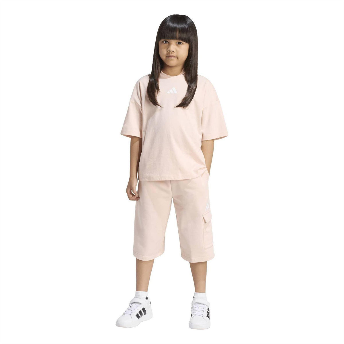 Blush Pink-White - Side - Adidas Childrens-Kids Tiro_Nster T-Shirt & Shorts Set