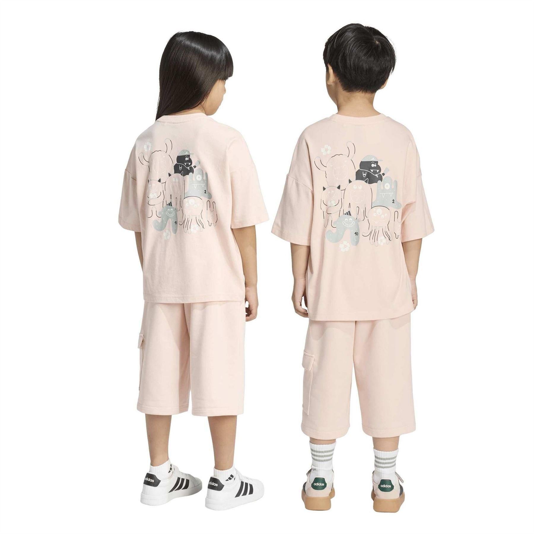 Blush Pink-White - Pack Shot - Adidas Childrens-Kids Tiro_Nster T-Shirt & Shorts Set