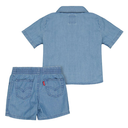 Blue - Back - Levis Baby Logo Denim Shirt And Shorts Set