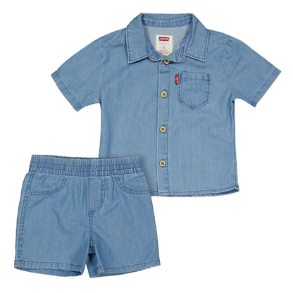Blue - Front - Levis Baby Logo Denim Shirt And Shorts Set