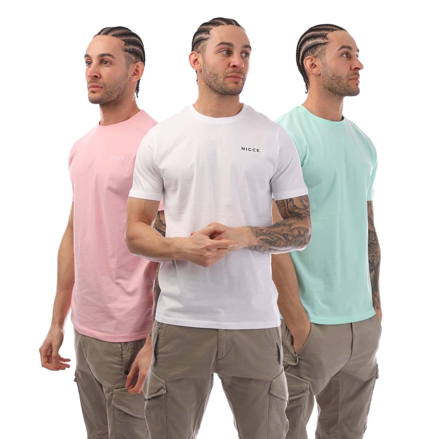 Pink-White-Green - Front - Nicce Mens Iversent T-Shirt (Pack of 3)