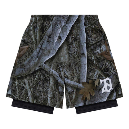 Woodland Green - Front - 28 Club Mens Performance Camouflage 2 in 1 Gym Shorts