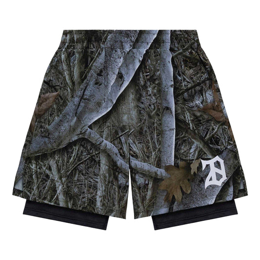 Woodland Green - Front - 28 Club Mens Performance Camouflage 2 in 1 Gym Shorts