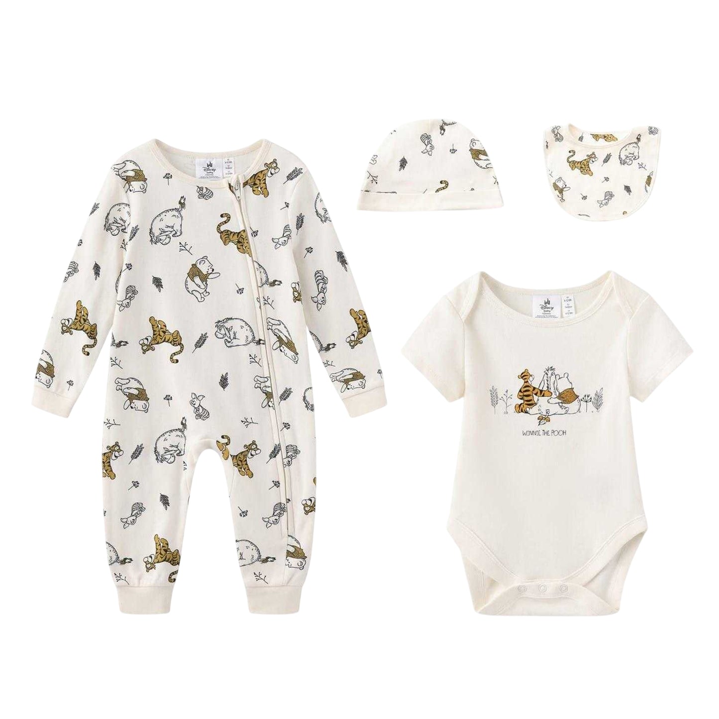 White - Front - Winnie the Pooh Baby Romper Set (Pack of 4)