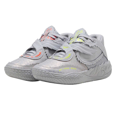 Silver-Vibrant Yellow - Pack Shot - Puma Childrens-Kids Metallic Basketball Shoes
