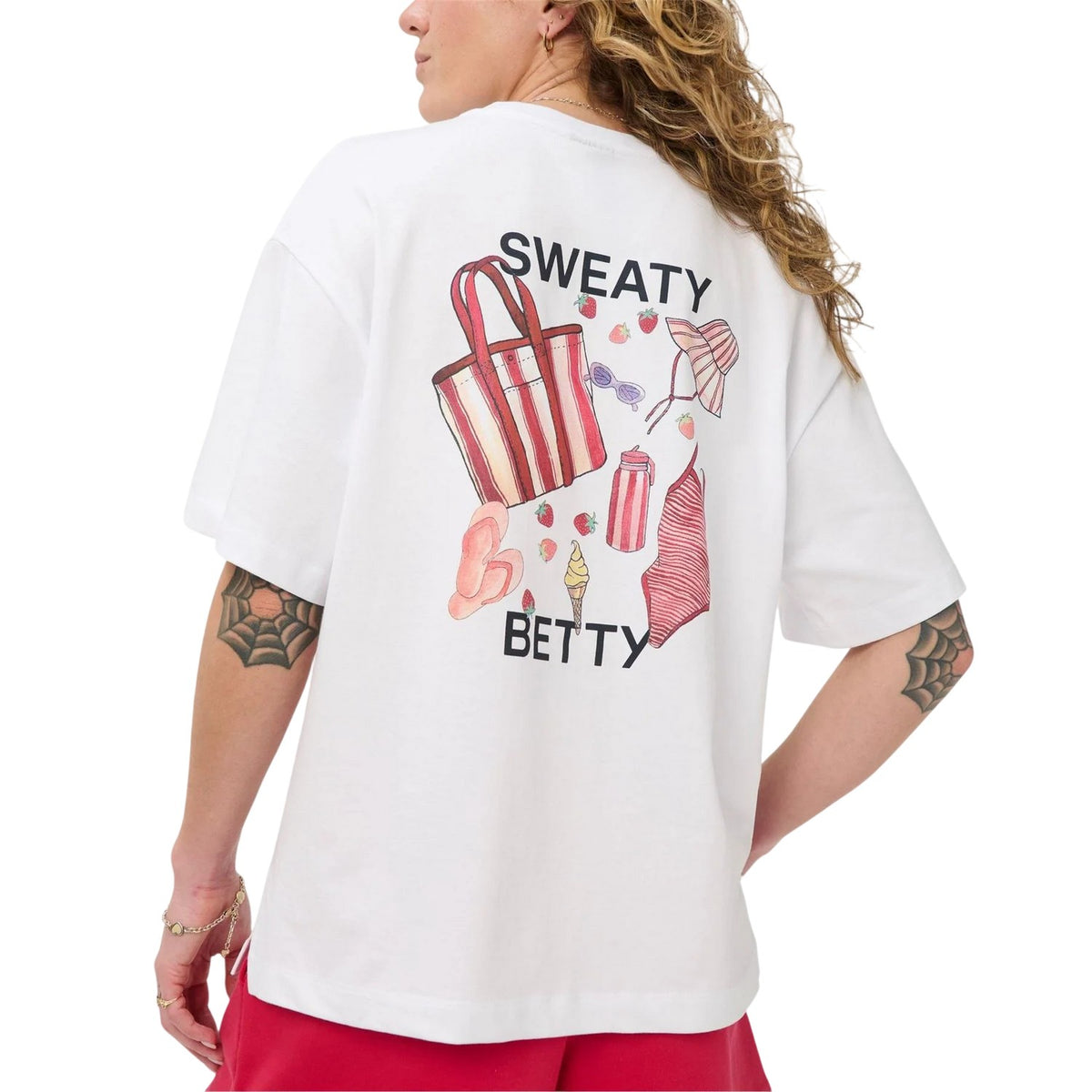 Red-White - Back - Sweaty Betty Womens-Ladies Back Print Holiday T-Shirt