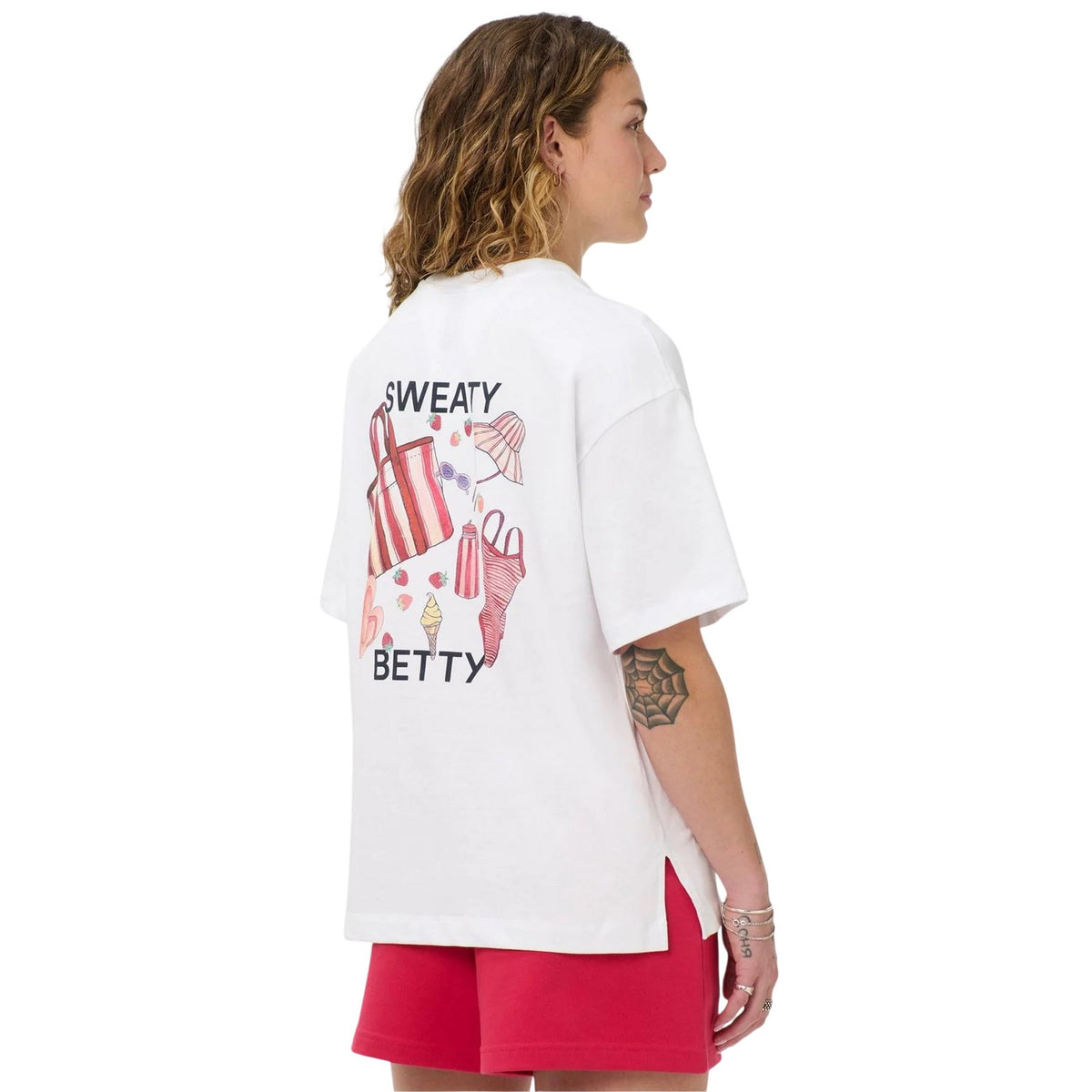 Red-White - Pack Shot - Sweaty Betty Womens-Ladies Back Print Holiday T-Shirt