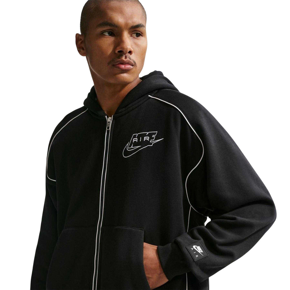 Black-White - Side - Nike Mens Air Fleece Full Zip Hoodie