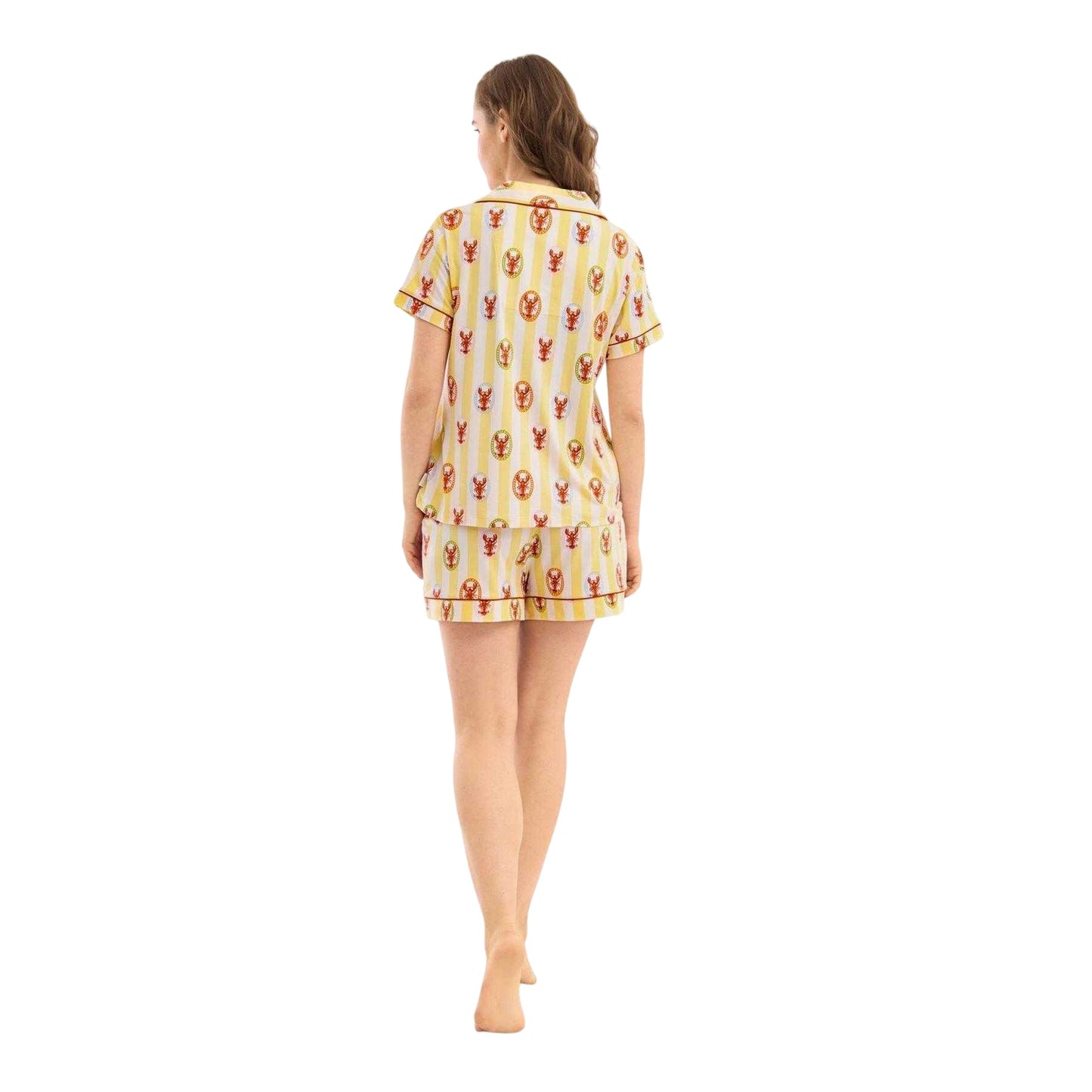 Yellow - Back - Chelsea Peers Womens-Ladies Lobster Stripes Short Pyjama Set