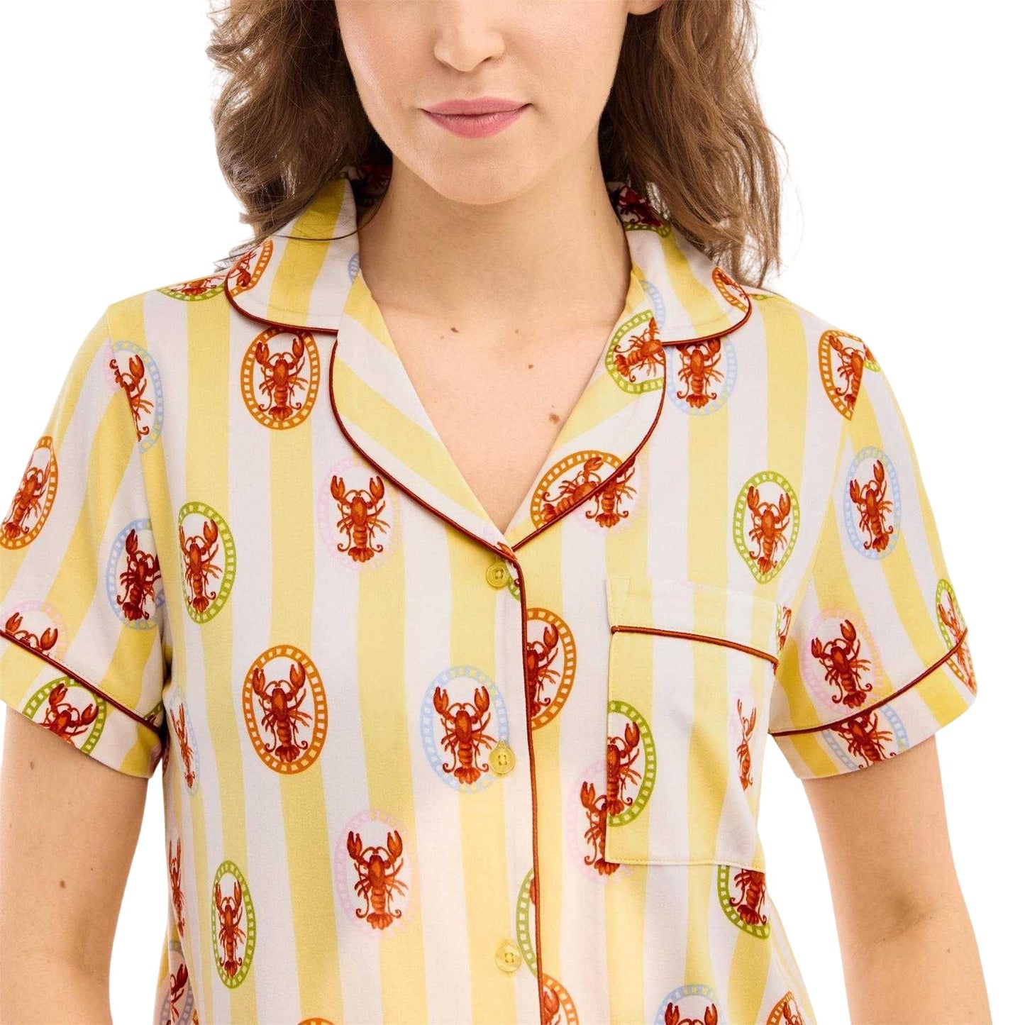 Yellow - Side - Chelsea Peers Womens-Ladies Lobster Stripes Short Pyjama Set