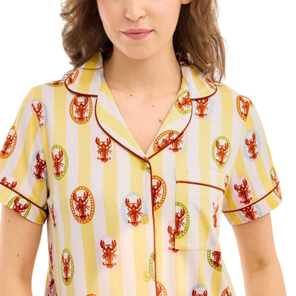 Yellow - Side - Chelsea Peers Womens-Ladies Lobster Stripes Short Pyjama Set