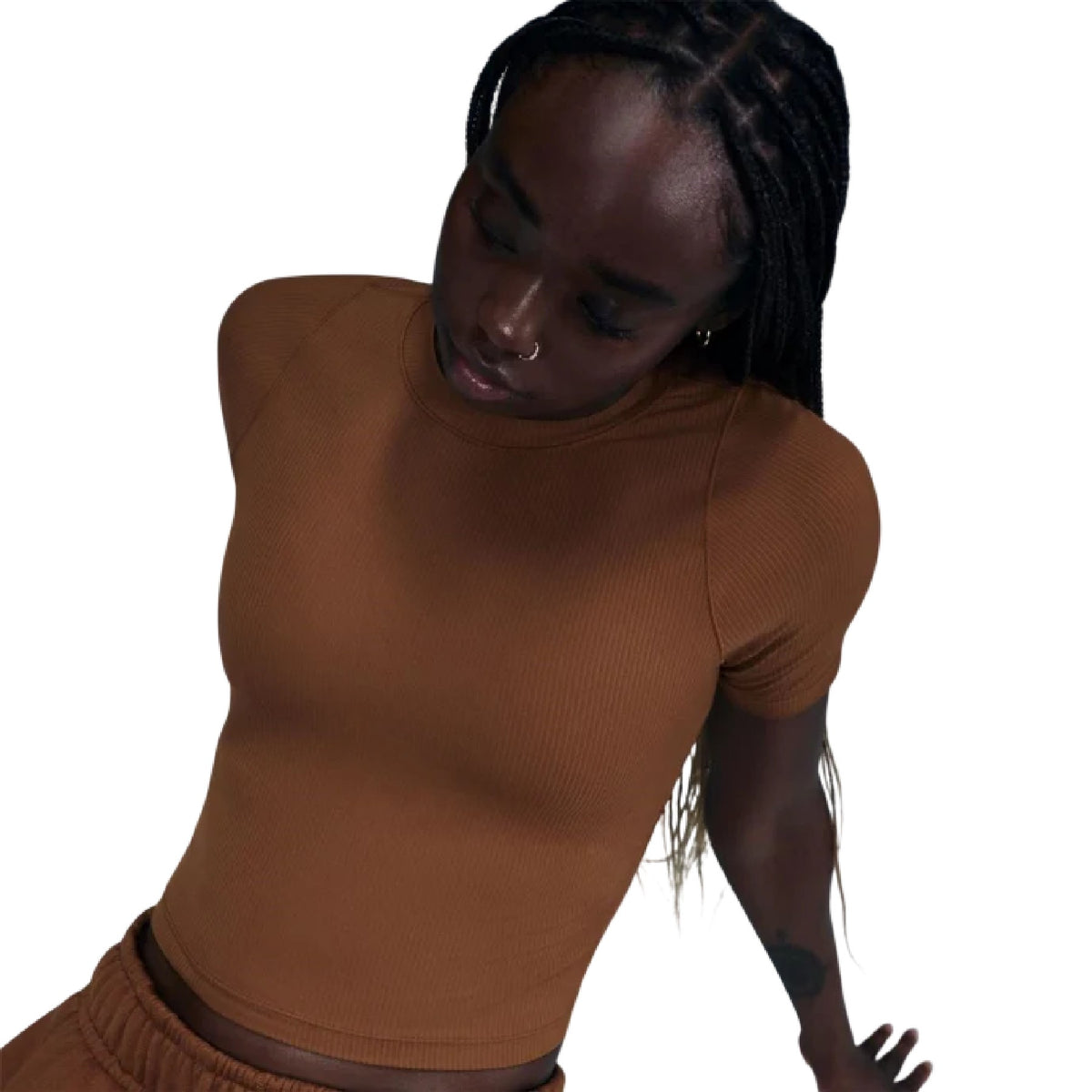 Tan-White - Side - Nike Womens-Ladies Zenvy Swoosh Ribbed Top