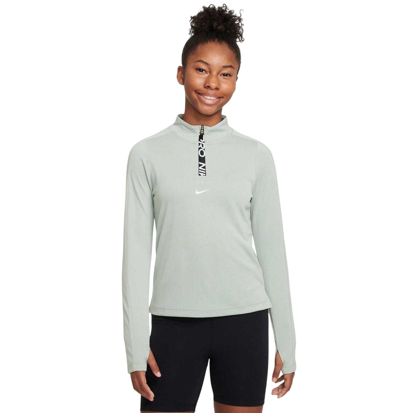 Jade Green - Front - Nike Girls Pro Zip Neck Top