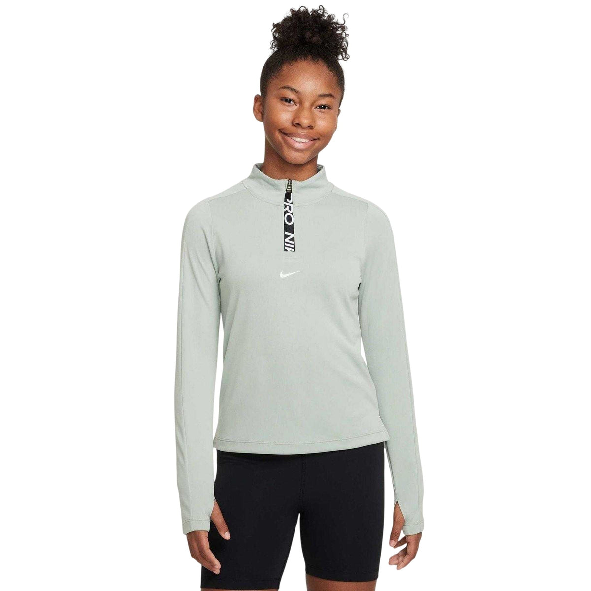 Jade Green - Front - Nike Girls Pro Zip Neck Top