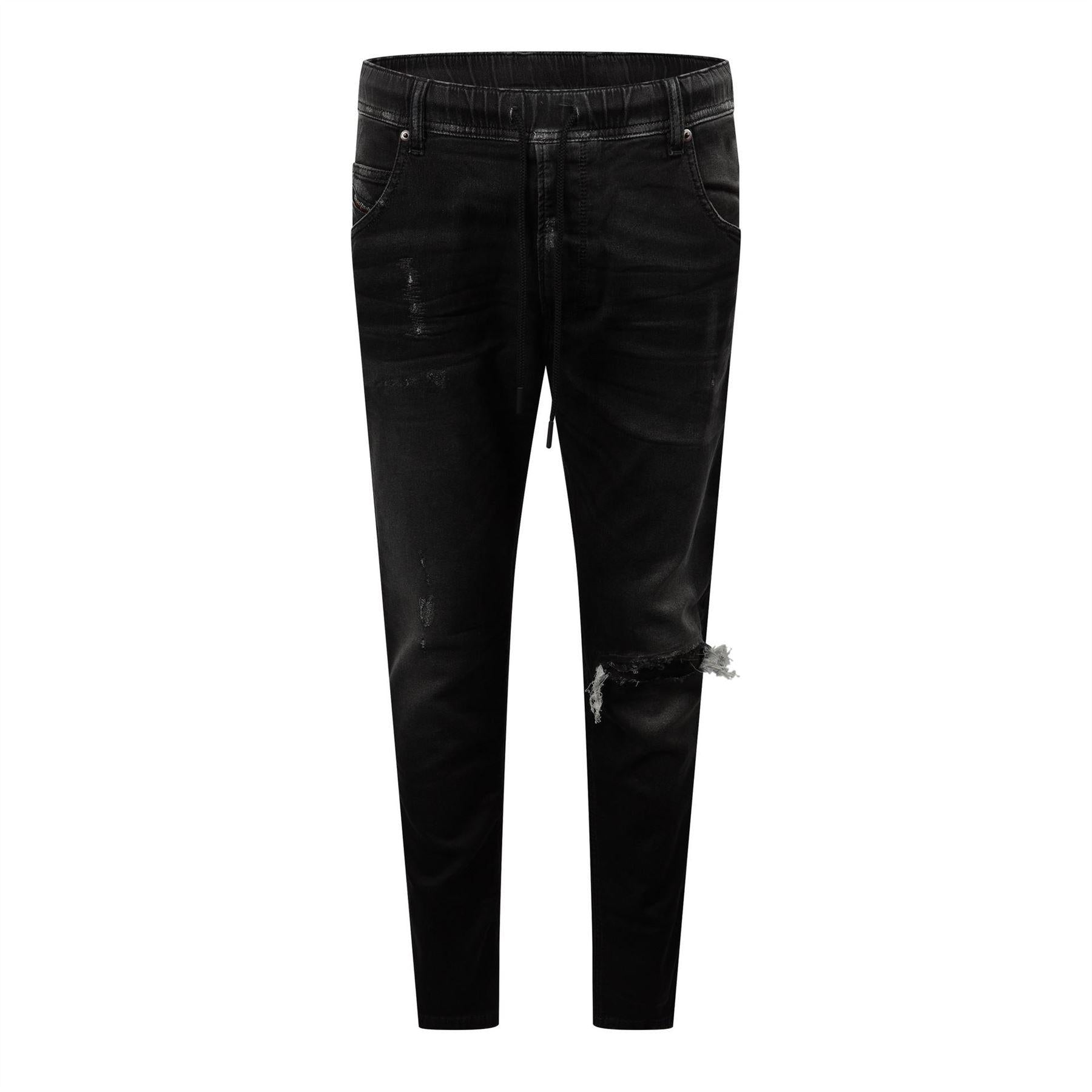 Black-Grey - Front - Diesel Mens Krooley-Ne Sweat Denim Distressed Tapered Jeans