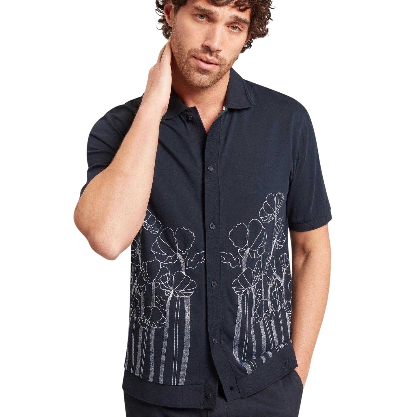 Navy - Side - Ted Baker Mens Floral Short-Sleeved Polo Shirt