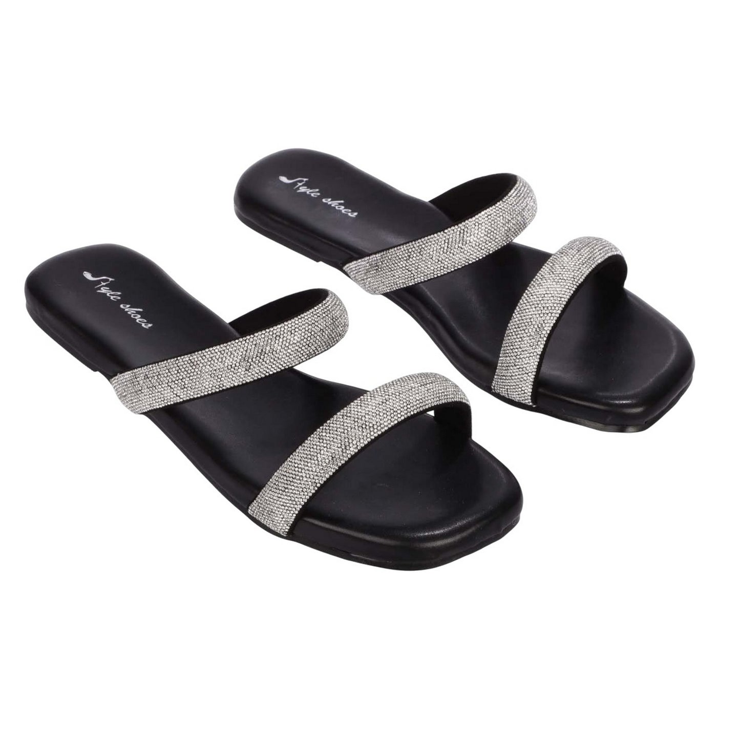 Black - Front - No Doubt Womens-Ladies Sparkle Double Strap Slip-on Sandals