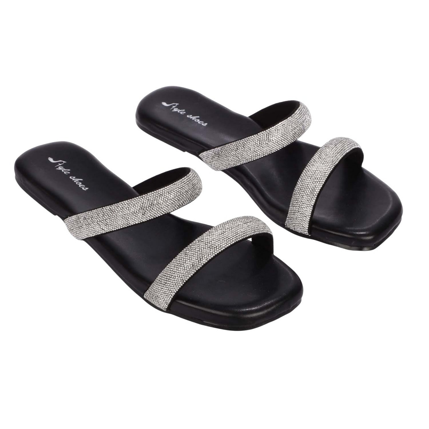 Black - Front - No Doubt Womens-Ladies Sparkle Double Strap Slip-on Sandals