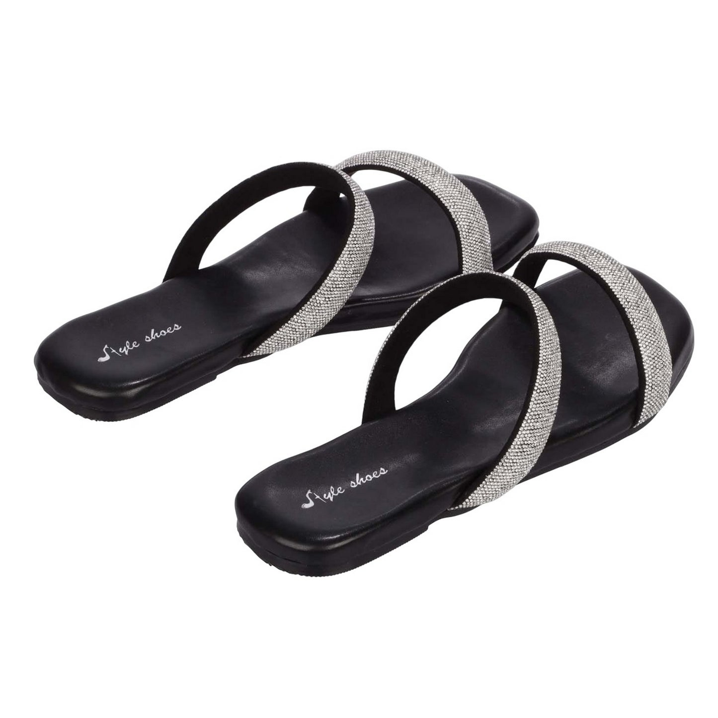 Black - Back - No Doubt Womens-Ladies Sparkle Double Strap Slip-on Sandals